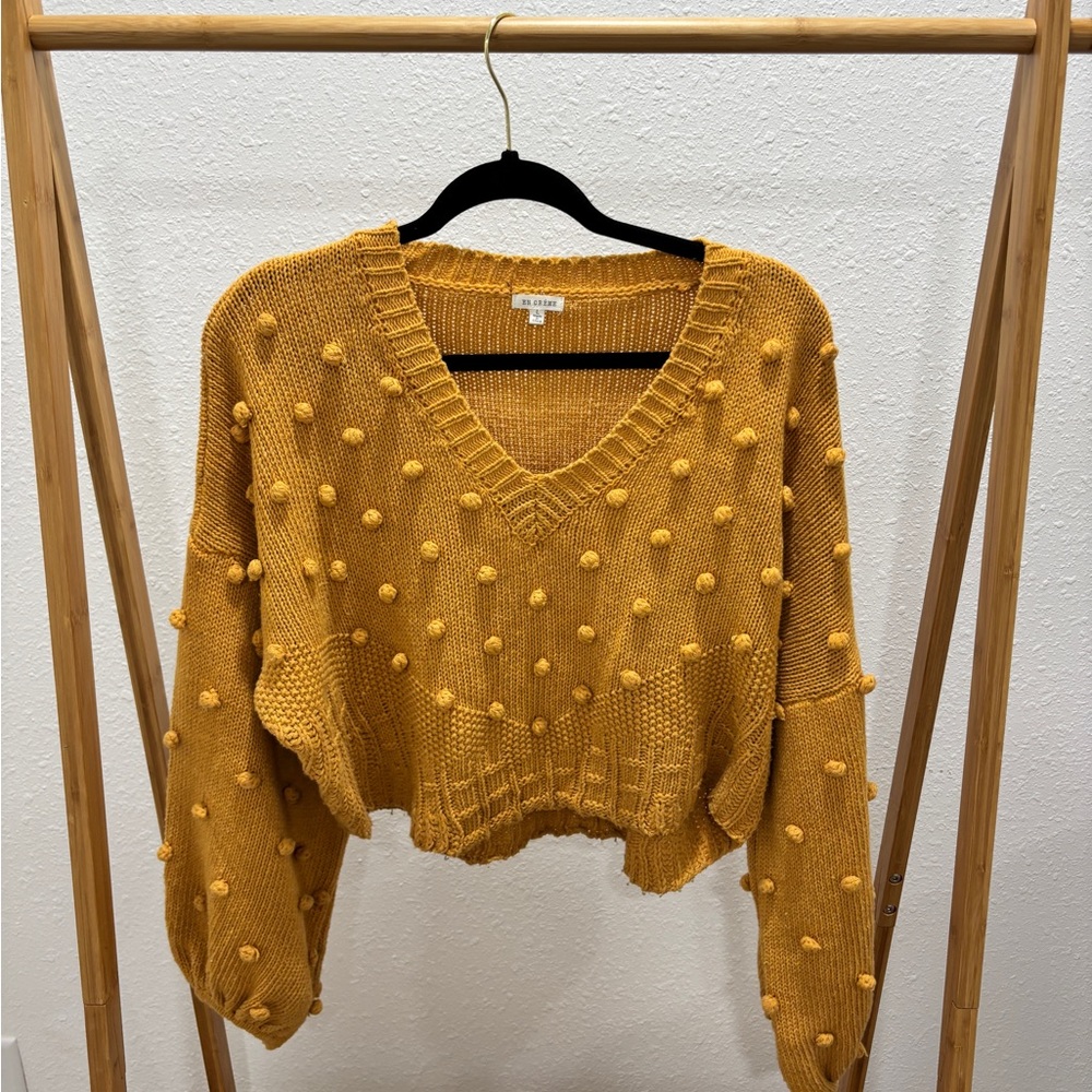V-Neck Pom-Pom Sweater in Mustard